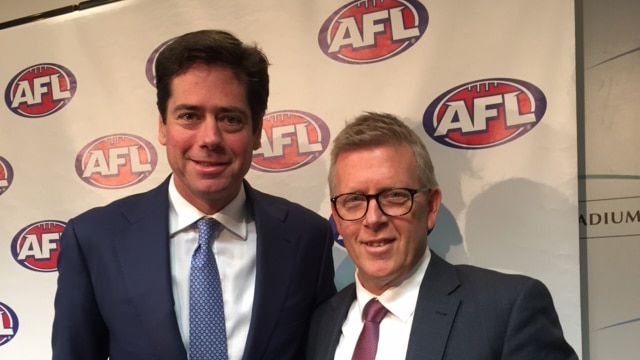 Gillon McLachlan (left) with with Geelong's Steve Hocking.