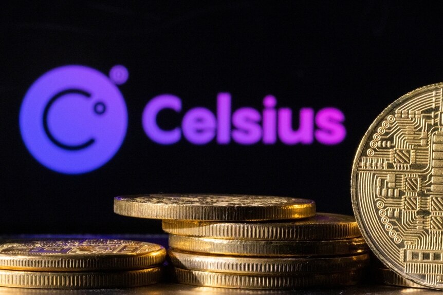 Depiction of cryptocurrency with the Celsius logo behind