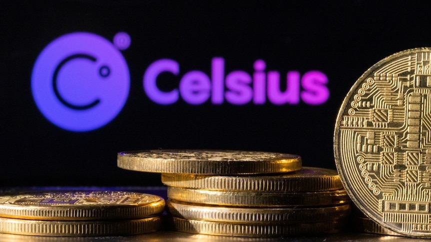 Depiction of cryptocurrency with the Celsius logo behind