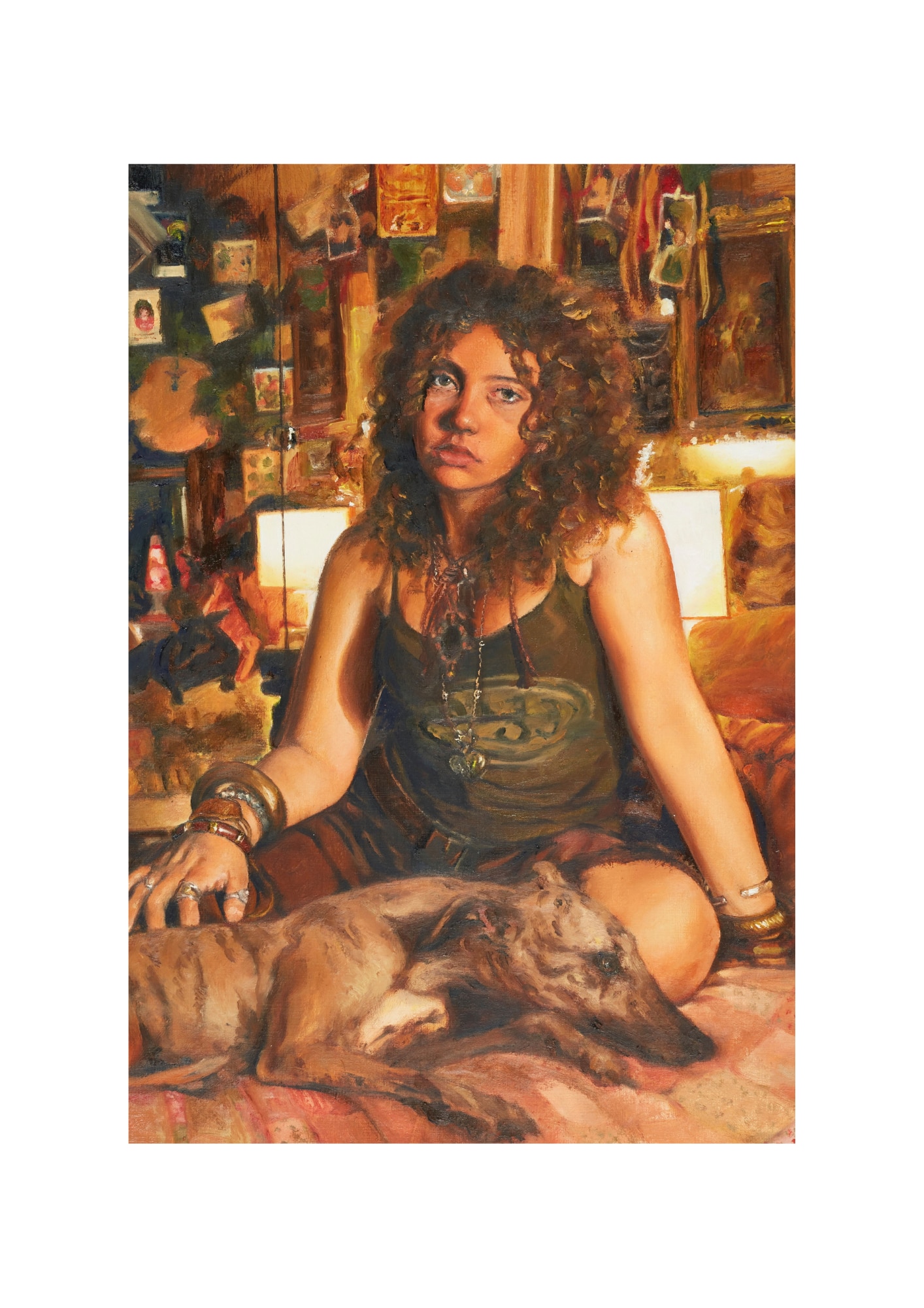 Oil painting of a young woman sitting on a bed in a lamplit room, a greyhound curled in front of her