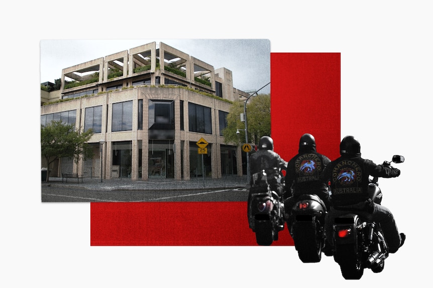 A collage of a office/retail building exterior and three people on motorobikes, two with Comancheros patches on their jackets