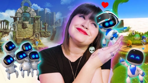 Gem smiling with small cute robots