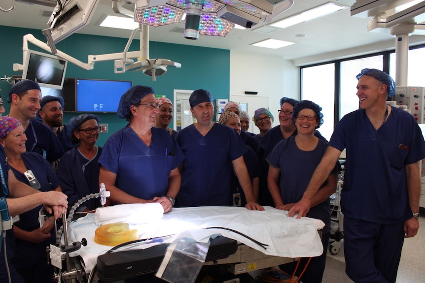 A group of medical workers wearing scrubs and nets smile in an operating theatre