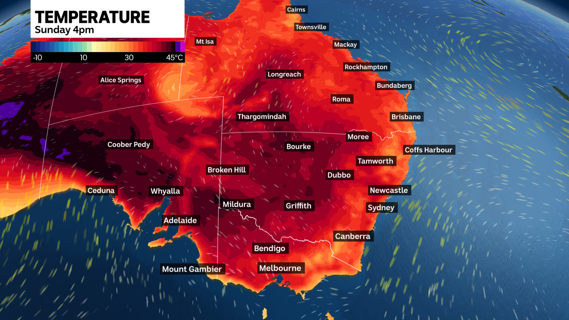 a weather map showing australian states all in the colour red due to predicted heatwave conditions