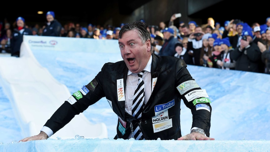 Collingwood president Eddie McGuire takes part in Big Freeze ice slide at the MCG on June 13, 2016.