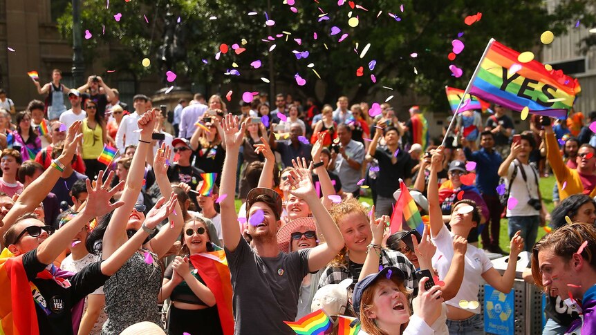 People in the crowd celebrate as the Yes result of the same-sex marriage postal survey is announced in Melbourne on November 15, 2017.