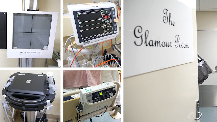 An X-ray digitiser, vital signs machine, sign saying "glamour room", pressure bed, and ultrasound machine.