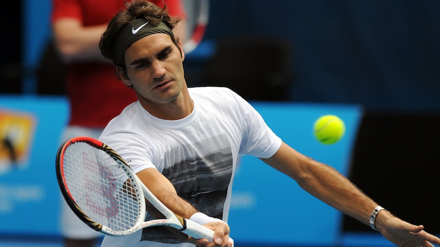 Federer in action during his practice session at the Rod Laver Arena.