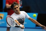 Federer in action during his practice session at the Rod Laver Arena.