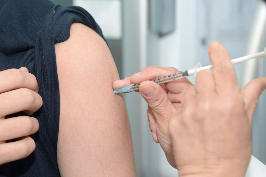 Syringe containing vaccine in the hands of a doctor in blue gloves.