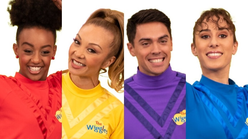 A composite image of The Wiggles new cast members Tsehay Hawkins, Kelly Hamilton, John Pearce and Evie Ferris.
