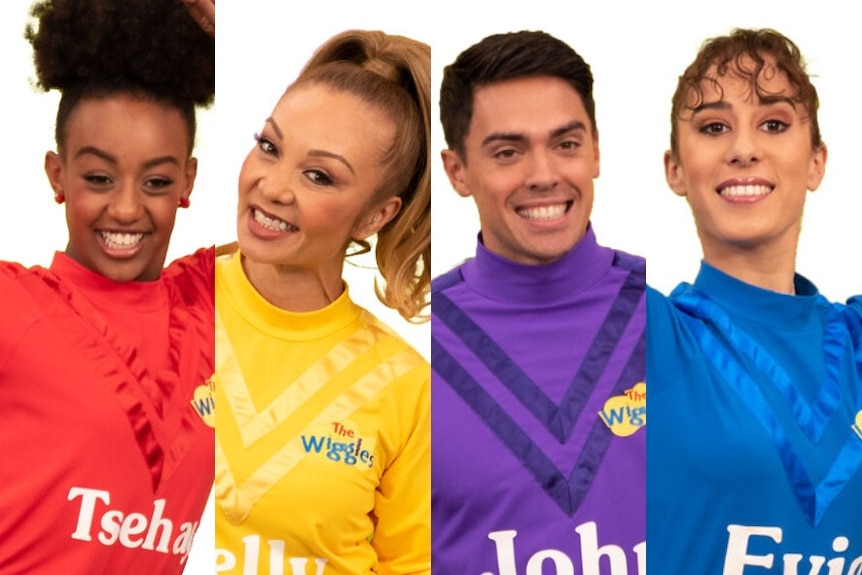 A composite image of The Wiggles new cast members Tsehay Hawkins, Kelly Hamilton, John Pearce and Evie Ferris.