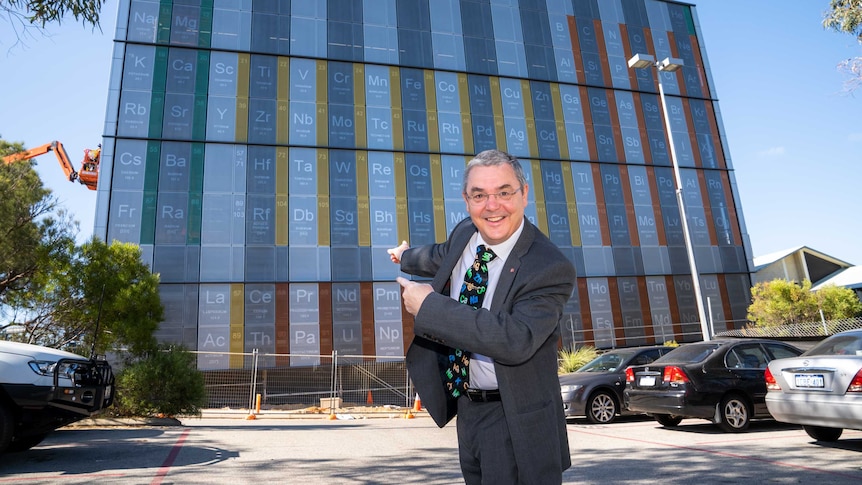 Edith Cowan University Vice-Chancellor, Professor Steve Chapman, in front of the giant periodic table