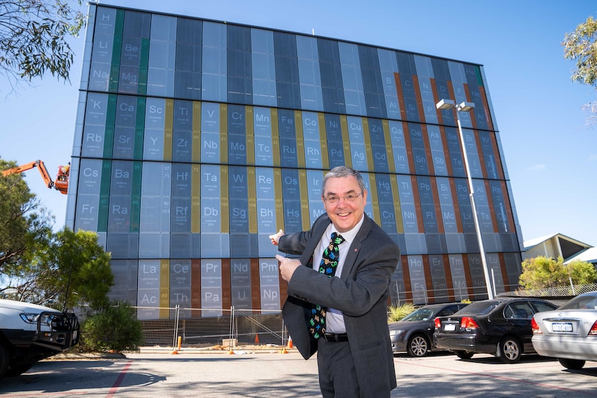 Edith Cowan University Vice-Chancellor, Professor Steve Chapman, in front of the giant periodic table