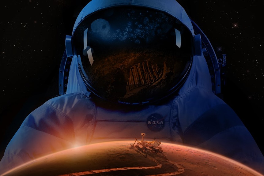 NASA composite image shows astronaut looming over Mars