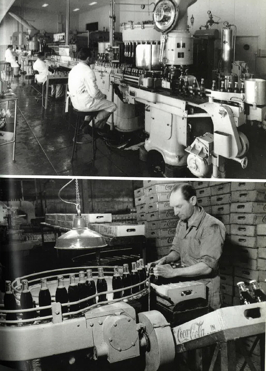 an old black and white photo of a factory with cola bottles