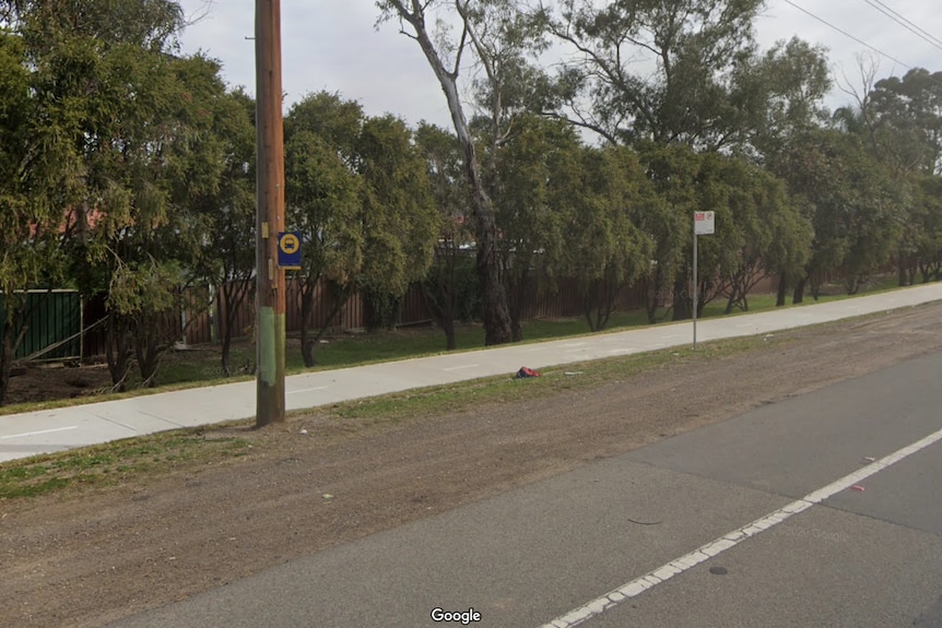 A bus stop sign on a wooden pole next to a strip of dirt on the side of a road