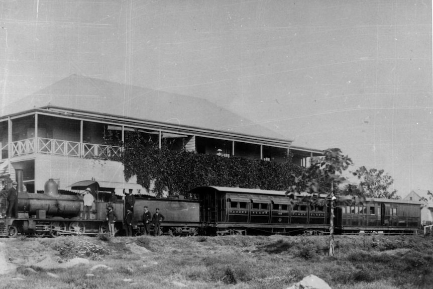 Locomotive at the Cooktown Railway Station, north of Cairns in far north Queensland, circa 1889.