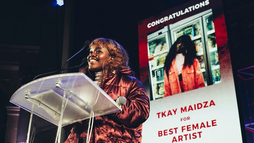 Tkay Maidza at the winners podium for the 2017 SA Music Awards accepting Best Female Artist
