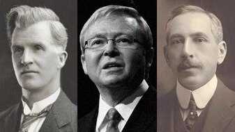 Composite: James Scullin, Kevin Rudd and William Hughes (Wikicommons/Getty Images: Lisa Maree Williams)