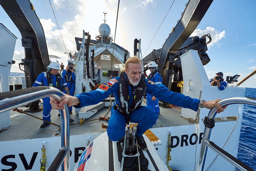 Texas investor and retired naval officer Victor Vescovo board the submarine he travelled in to the Mariana Trench.