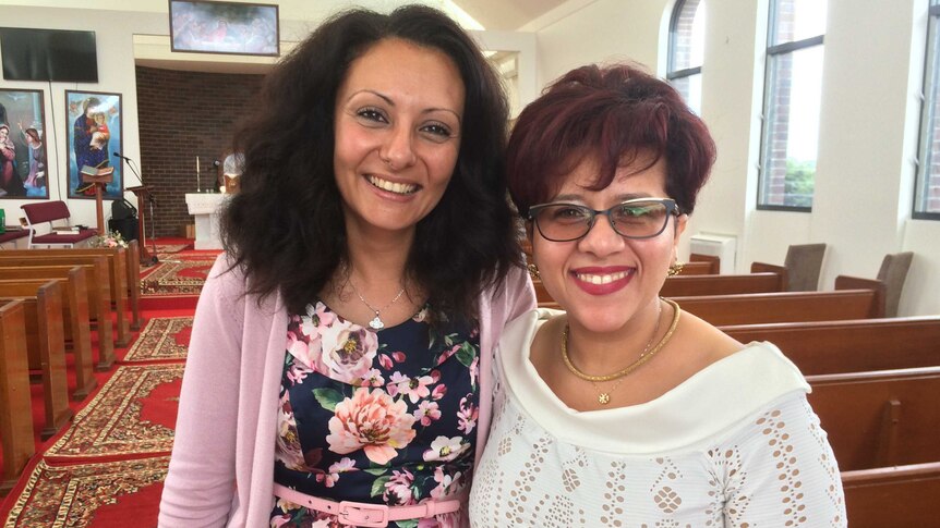 Gigi Nashed and Theodora Rizk inside the new Coptic church on the opening day.