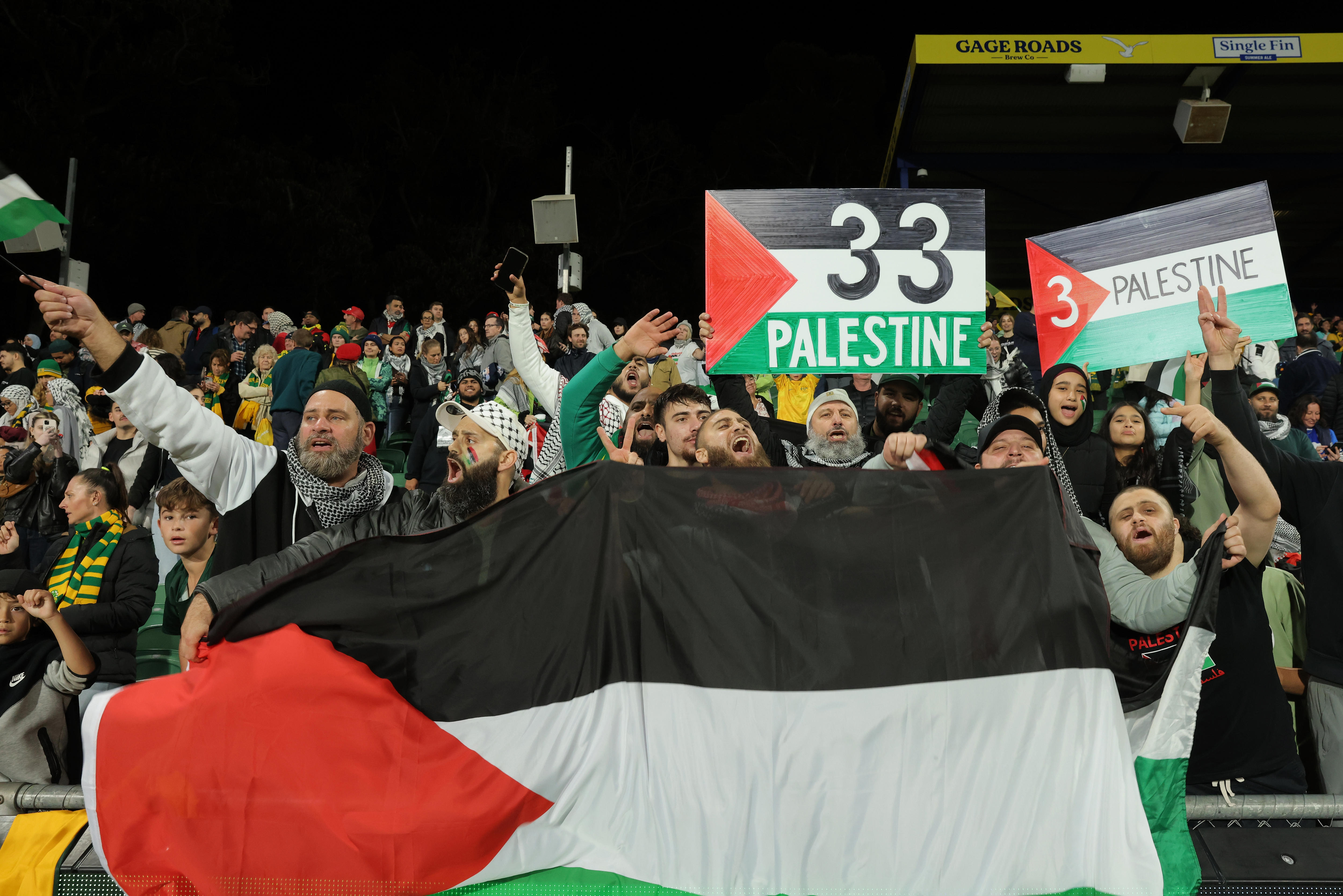 Palestinian football team supporters with flags and placards.