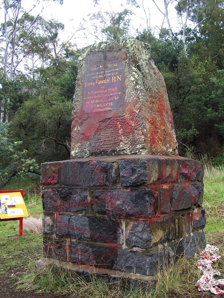 Vandalised monument to Lieutenant-Governor John Bowen, Risdon Cove.