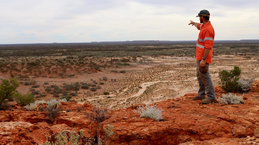 A man wearing hi-vis stands on a cliff and points at the horizon.