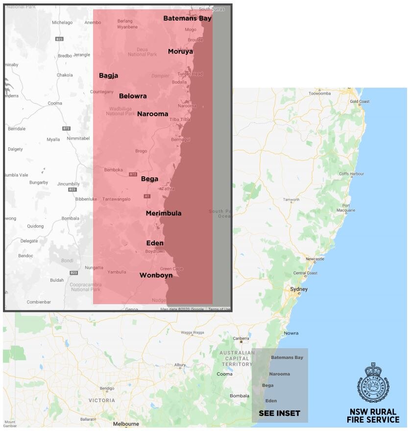 A map of the NSW South Coast with a large section highlighted in red.