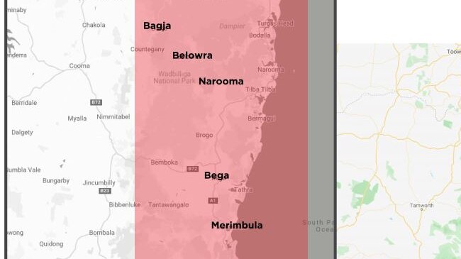 A map of the NSW South Coast with a large section highlighted in red.