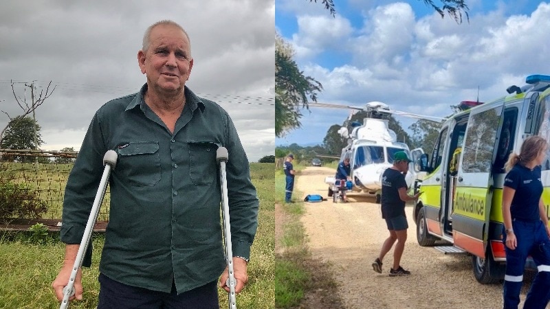 A composite picture with a farmer on crutches on the left and a helicopter and ambulance on the right