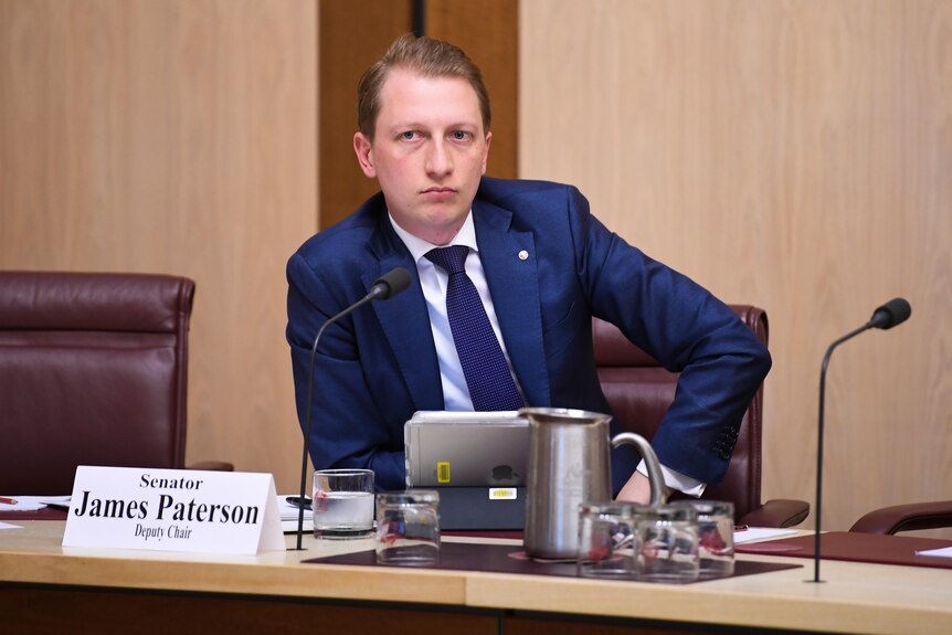 Liberal Senator James Paterson shown in a suit sitting at a desk during a Senate inquiry 