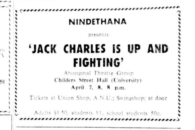 A black-and-white image of a newspaper advertisement for a play, Jack Charles Is Up and Fighting.
