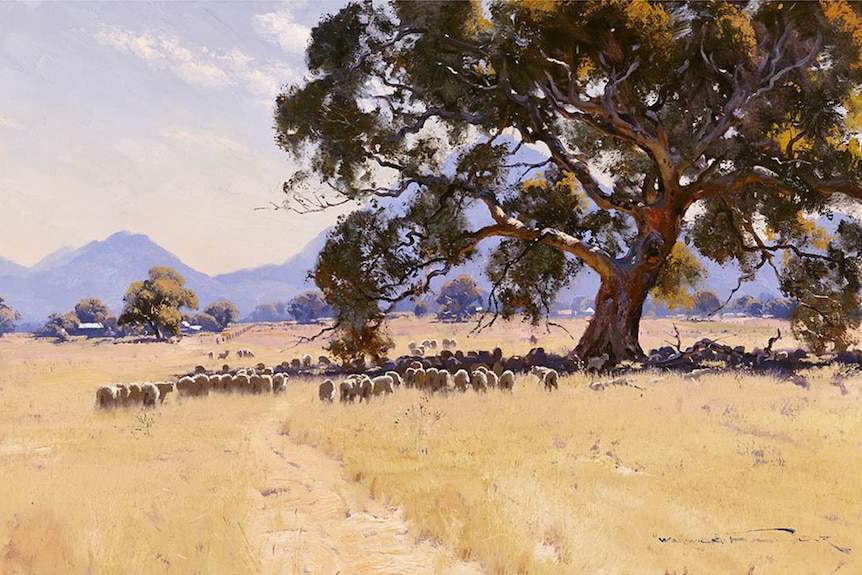A landscape painting of a flock of sheep grazing in a paddock.