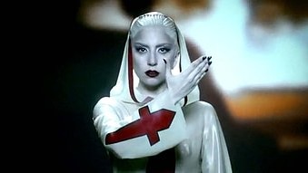 Lady Gaga, dressed as a 'nun', performs during the film clip to her song, Alejandro. (www.youtube.com)