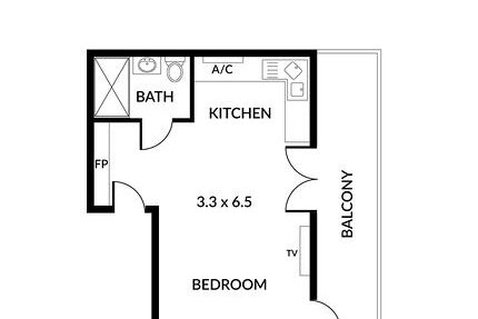 A floor plan of a 25 square metre apartment with the bathroom in the kitchen.