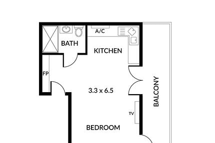 Un plano de piso de un apartamento de 25 metros cuadrados con el baño en la cocina.