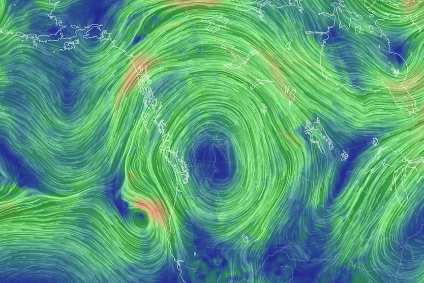 image showing green wavy lines tracing the jet stream over North America