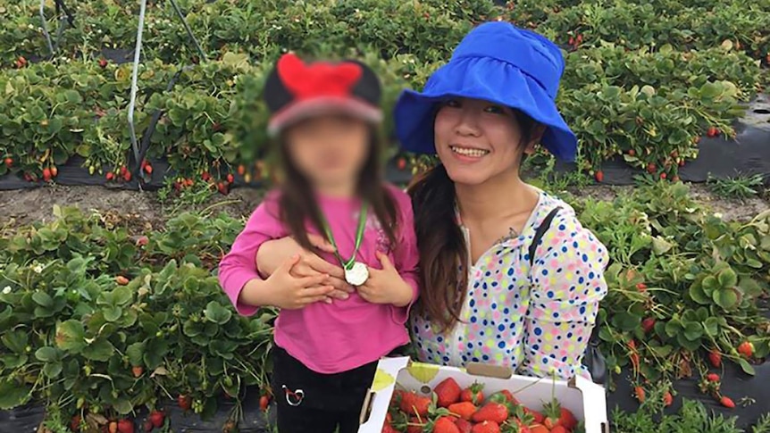 Evelin Kwok and her young daughter are picking strawberries in a field.