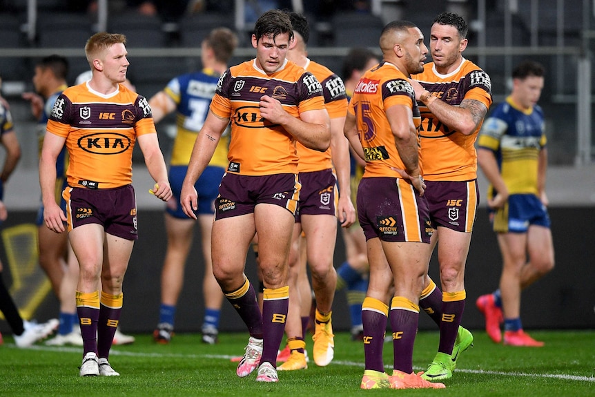 Brisbane Broncos players reflect after conceding a try