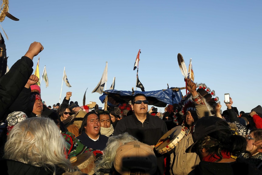 Native American "water protectors" celebrate the Army Corps of Engineers' decision to block the Dakota Access pipeline
