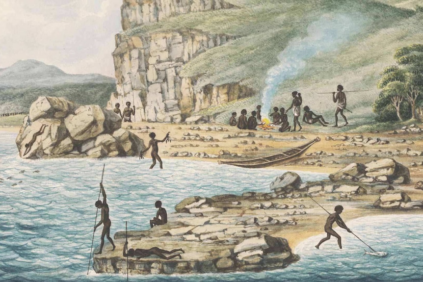 A painting of Indigenous Australians spear fishing and diving for crayfish, with a nearby party cooking fish on a fire