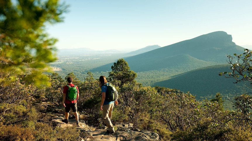 Hikers walk along a trail at the Grampians National Park in Victoria.
