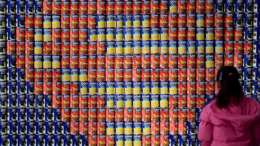 A lgirl looks at a Superman logo made out of food cans during the Canstruction exhibition.