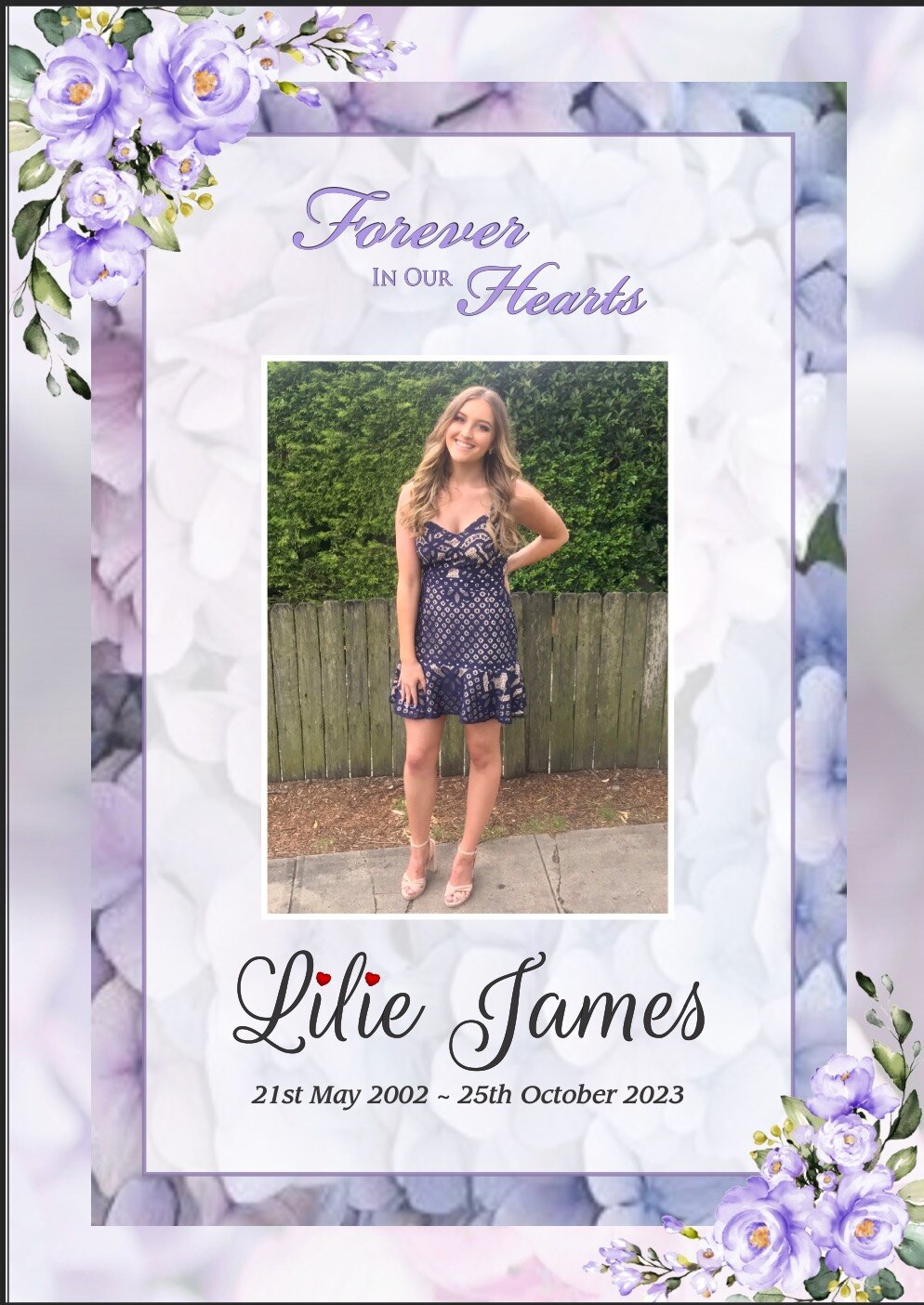 the funeral program for lilie james with a picture of her outdoors smiling at the camera the serrvice was held in sydney nov 17