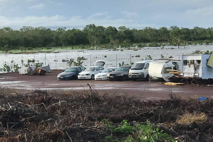 Damaged cars and tree debris.