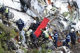 Rescue workers looking through wreckage of the plane, trees among the broken parts of the plane.