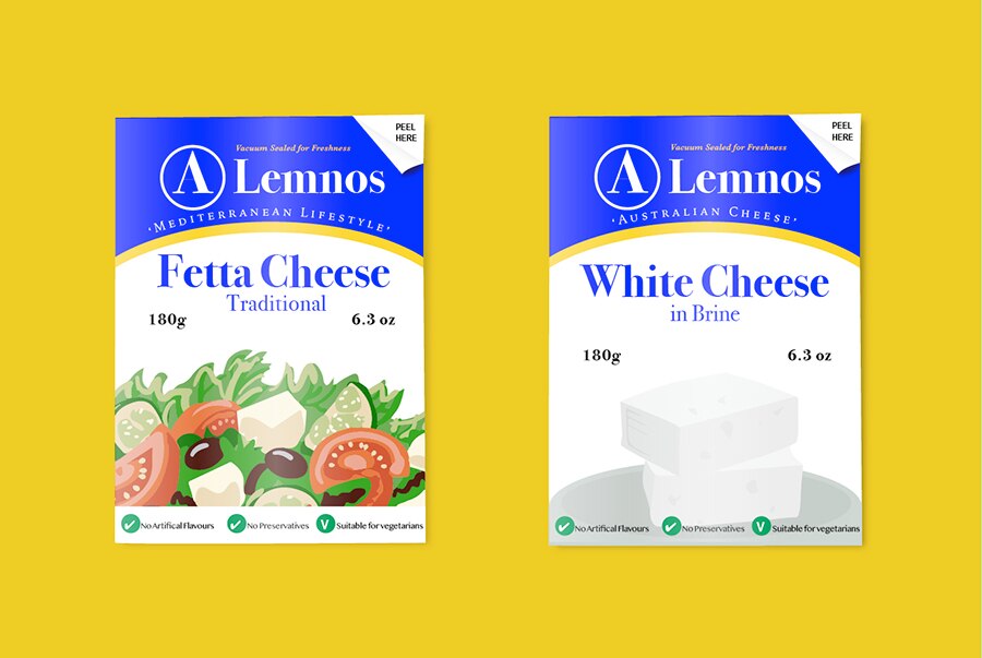 An illustration shows two blocks of Lemnos-branded cheese: one says "Fetta Cheese" and the other "White Cheese in Brine"