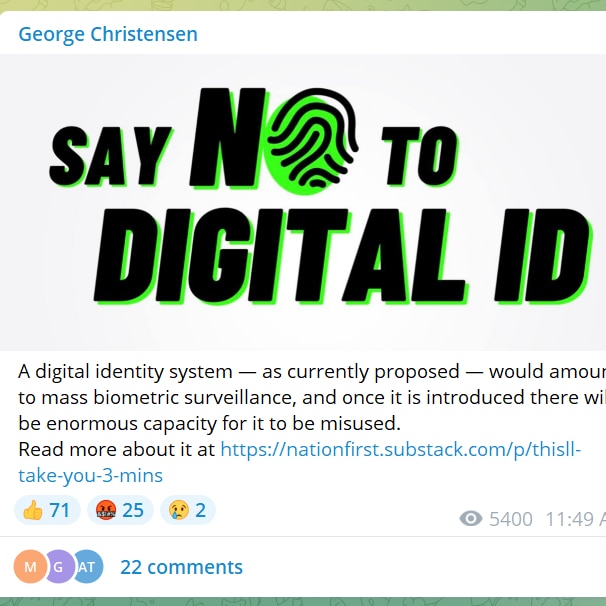 A Telegram message from George Christensen says 'Say No to Digital ID' in bold capital letters.